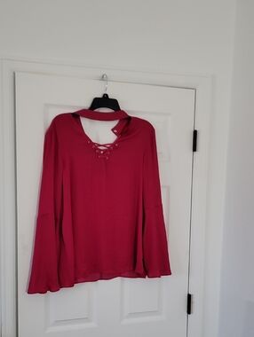 Jennifer Lopez Raspberry Lace-Up Bell Sleeve Blouse